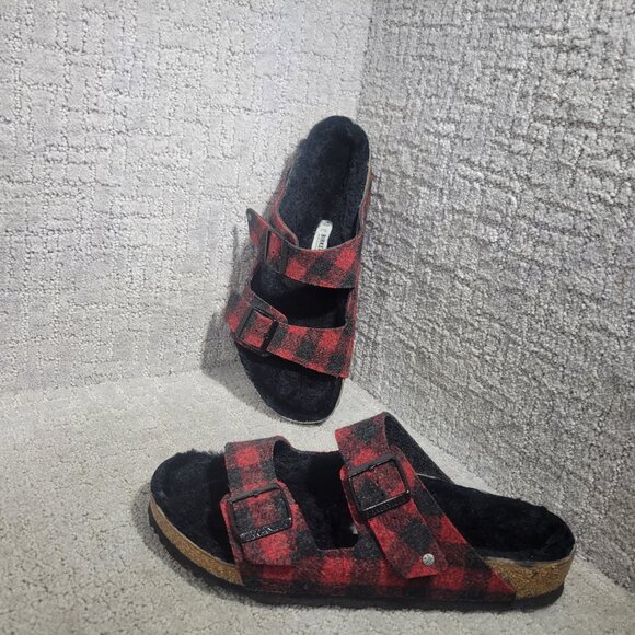 Birkenstock Arizona Shearling Mens Size EU 43 US 10 Rivet Plaid Red Slide Sandal - Picture 9 of 12